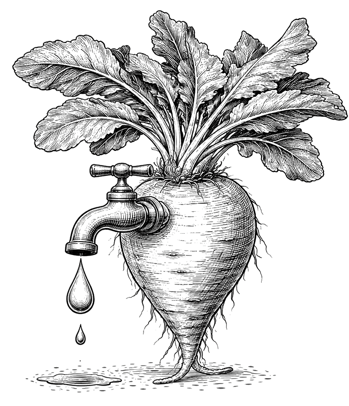 Illustratie van een waterkraan aangesloten op een suikerbiet